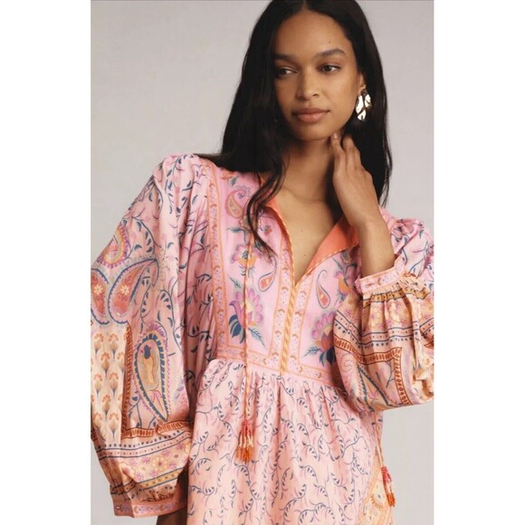 Farm Rio Anthropologie Maxi Dress Women Pink Floral Preppy Boho Retro Sz L NWT - Picture 1 of 14